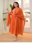 Beautiful Orange Embroidery Cotton Anarkali Suit Set - BONYHUBSALWAR KAMEEZ
