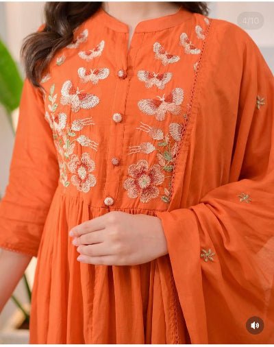 Beautiful Orange Embroidery Cotton Anarkali Suit Set - BONYHUBSALWAR KAMEEZ