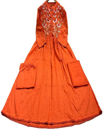 Beautiful Orange Embroidery Cotton Anarkali Suit Set - BONYHUBSALWAR KAMEEZ