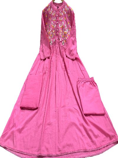 Beautiful Pink Embroidery Cotton Anarkali Suit Set - BONYHUBSALWAR KAMEEZ
