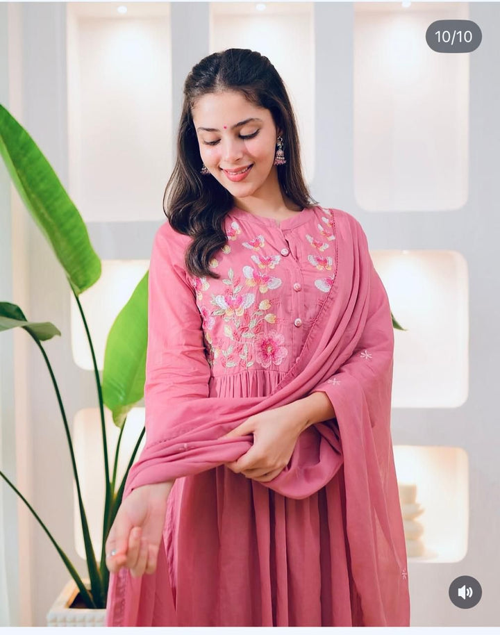 Beautiful Pink Embroidery Cotton Anarkali Suit Set - BONYHUBSALWAR KAMEEZ