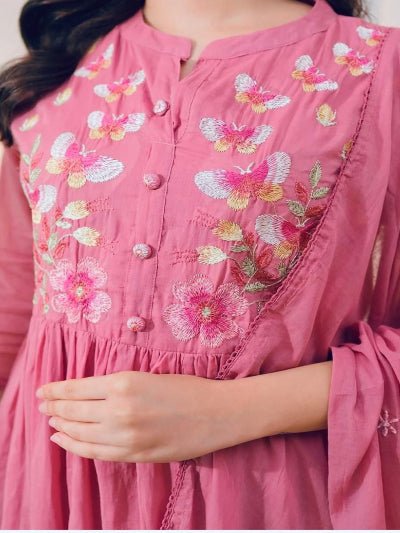 Beautiful Pink Embroidery Cotton Anarkali Suit Set - BONYHUBSALWAR KAMEEZ