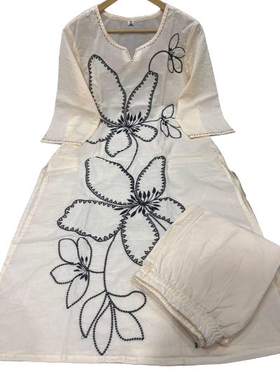 Stylish White Tagai Work Cotton Kurti Pant Set Of 2 - BONYHUBSALWAR KAMEEZ
