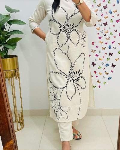 Stylish White Tagai Work Cotton Kurti Pant Set Of 2 - BONYHUBSALWAR KAMEEZ