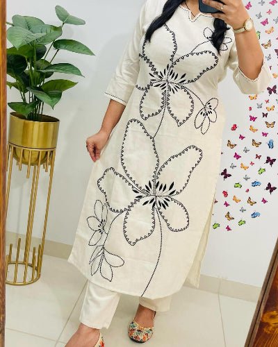Stylish White Tagai Work Cotton Kurti Pant Set Of 2 - BONYHUBSALWAR KAMEEZ