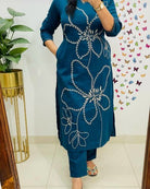 Stylish Aqua Blue Tagai Work Cotton Kurti Pant Set Of 2 - BONYHUBSALWAR KAMEEZ