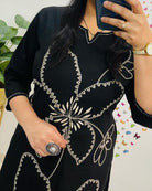 Stylish Black Tagai Work Cotton Kurti Pant Set Of 2 - BONYHUBSALWAR KAMEEZ