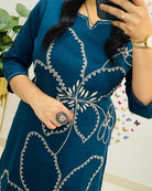 Stylish Aqua Blue Tagai Work Cotton Kurti Pant Set Of 2 - BONYHUBSALWAR KAMEEZ