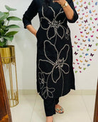 Stylish Black Tagai Work Cotton Kurti Pant Set Of 2 - BONYHUBSALWAR KAMEEZ