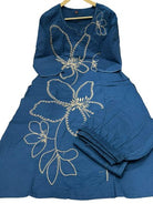 Stylish Aqua Blue Tagai Work Cotton Kurti Pant Set Of 2 - BONYHUBSALWAR KAMEEZ
