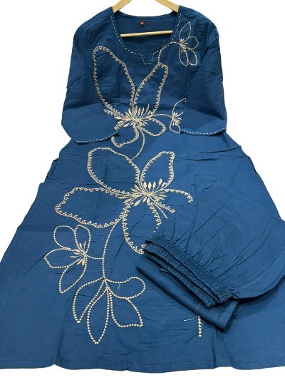Stylish Aqua Blue Tagai Work Cotton Kurti Pant Set Of 2 - BONYHUBSALWAR KAMEEZ