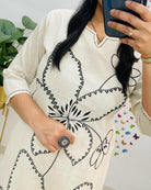 Stylish White Tagai Work Cotton Kurti Pant Set Of 2 - BONYHUBSALWAR KAMEEZ