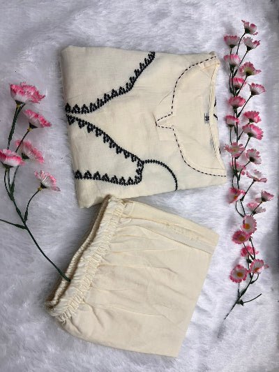 Stylish White Tagai Work Cotton Kurti Pant Set Of 2 - BONYHUBSALWAR KAMEEZ