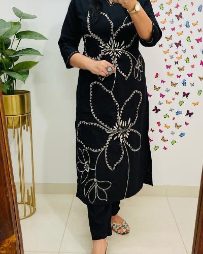 Stylish Black Tagai Work Cotton Kurti Pant Set Of 2 - BONYHUBSALWAR KAMEEZ