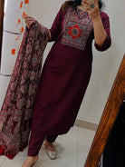 Elegant Dark Purple Mirror work Cotton Straight Suit Set - BONYHUBSALWAR KAMEEZ