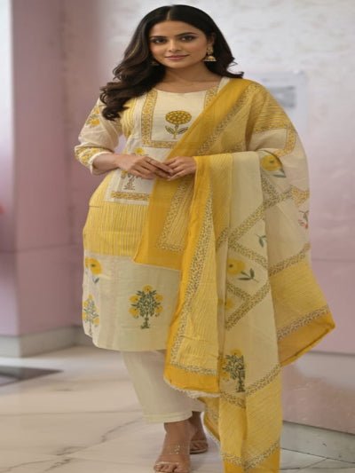 Lemon Yellow & White Handwork Cotton Straight Suit Set - BONYHUBSALWAR KAMEEZ