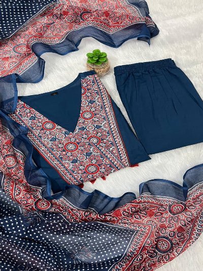 Teal Blue Handwork Cotton Anarkali Suit Set - BONYHUBSALWAR KAMEEZ
