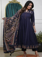 Navy Blue Elegant block print Cotton Anarkali Suit Set - BONYHUBSALWAR KAMEEZ