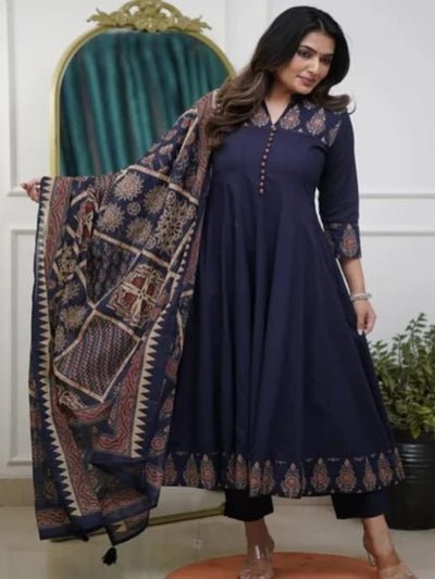 Navy Blue Elegant block print Cotton Anarkali Suit Set - BONYHUBSALWAR KAMEEZ