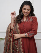 Brick Red block print Cotton Anarkali Suit Set - BONYHUBSALWAR KAMEEZ