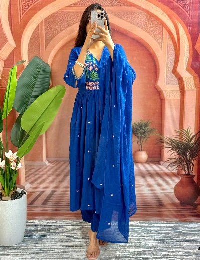 Blue Beautiful Mirror Work Cotton Anarkali Suit Set - BONYHUBSALWAR KAMEEZ