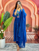 Blue Beautiful Mirror Work Cotton Anarkali Suit Set - BONYHUBSALWAR KAMEEZ
