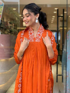 Bright Orange Embroidery Cotton Anarkali Suit Set - BONYHUBSALWAR KAMEEZ
