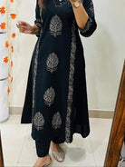 Black Handprint Cotton Straight Suit Set - BONYHUBSALWAR KAMEEZ