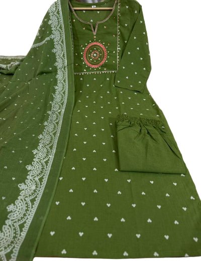 Olive Green Embroidery Cotton Straight Suit Set - BONYHUBSALWAR KAMEEZ
