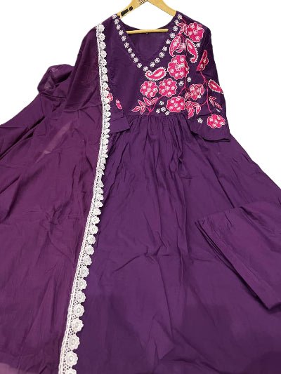 Purple Elegant Embroidery Mulmul Cotton Anarkali Suit Set - BONYHUBSALWAR KAMEEZ