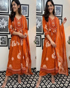 Rusty Orange Floral Print Cotton Anarkali Suit Set - BONYHUBSALWAR KAMEEZ