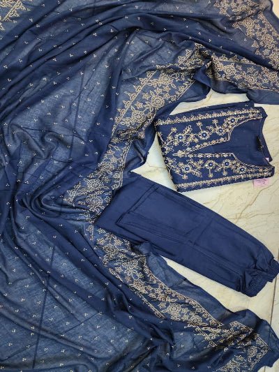 Navy Blue Zari Work Cotton Anarkali Suit Set - BONYHUBSALWAR KAMEEZ