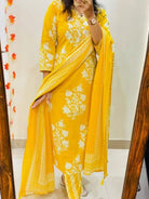Bright Yellow Trendy Printed Cotton Straight Suit Set - BONYHUBSALWAR KAMEEZ