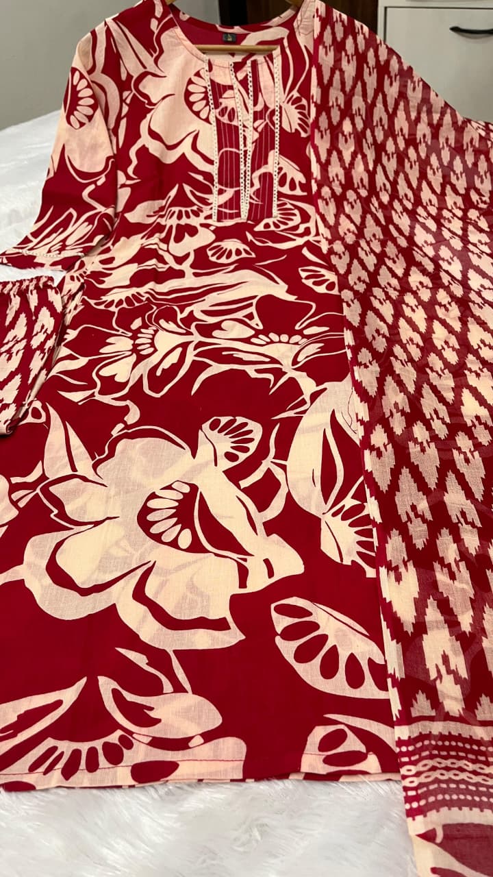 Red Trendy Printed Cotton Straight Suit Set - BONYHUBSALWAR KAMEEZ