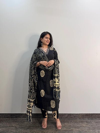 Classy Black Printed Cotton Straight Suit Set - BONYHUBSALWAR KAMEEZ