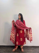 Beautiful Red Printed Cotton Straight Suit Set - BONYHUBSALWAR KAMEEZ