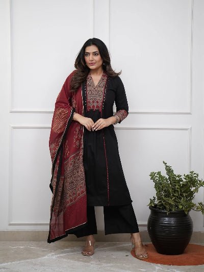 Black Elegant Mirror Work Cotton Anarkali Suit - BONYHUBSALWAR KAMEEZ