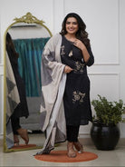 Black Elegant Zari Embroidery Cotton Straight Suit Set - BONYHUBSALWAR KAMEEZ