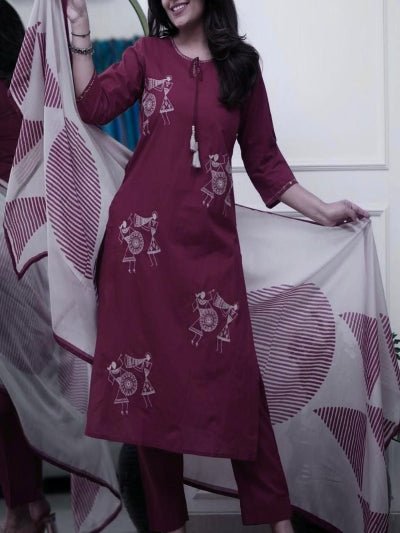 Maroon Elegant Zari Embroidery Cotton Straight Suit Set - BONYHUBSALWAR KAMEEZ
