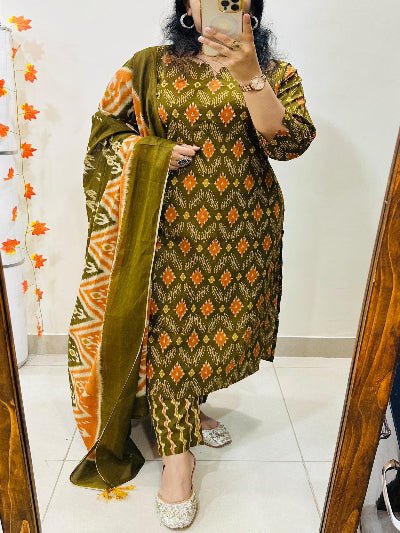 Mehendi Green Zari Embroidery Cotton Straight Suit Set - BONYHUBSALWAR KAMEEZ