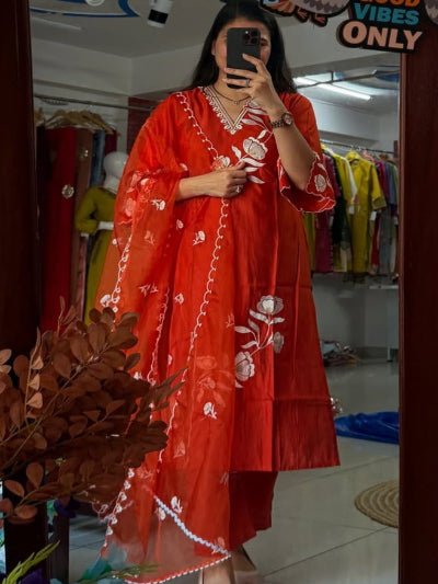 Bright Orange Elegant Embroidery Cotton Straight Suit Set - BONYHUBSALWAR KAMEEZ