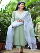 Pastel Green Handcrafted Embroidery Cotton Straight Suit Set - BONYHUBSALWAR KAMEEZ