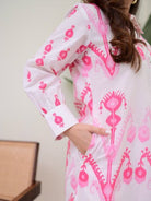 Pink Printed Neck Work Kurti Pant Set Of 2 - BONYHUBSALWAR KAMEEZ