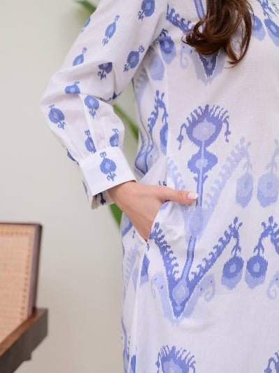 Blue Printed Neck Work Kurti Pant Set Of 2 - BONYHUBSALWAR KAMEEZ