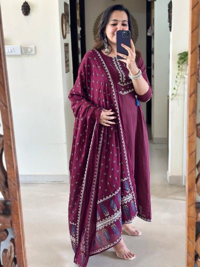 Dark Wine Adda Work Cotton Anarkali Suit Set - BONYHUBSALWAR KAMEEZ