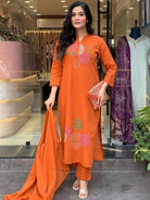 Orange Trendy Aari work Cotton Straight Suit Set - BONYHUBSALWAR KAMEEZ