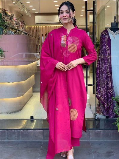 Magenta Trendy Aari work Cotton Straight Suit Set - BONYHUBSALWAR KAMEEZ