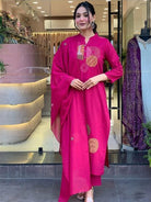 Magenta Trendy Aari work Cotton Straight Suit Set - BONYHUBSALWAR KAMEEZ