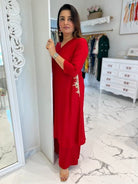 Classy Ruby Red Handwork Pure Cotton Kurti Pant Set Of 2 - BONYHUBSALWAR KAMEEZ