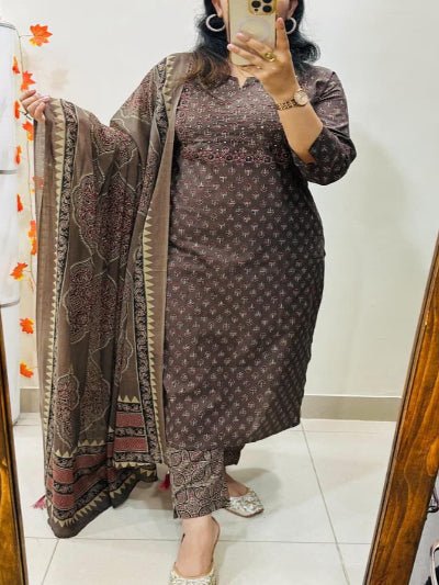Coffee Brown Embroidery Azrak Cotton Straight Suit Set - BONYHUBSALWAR KAMEEZ